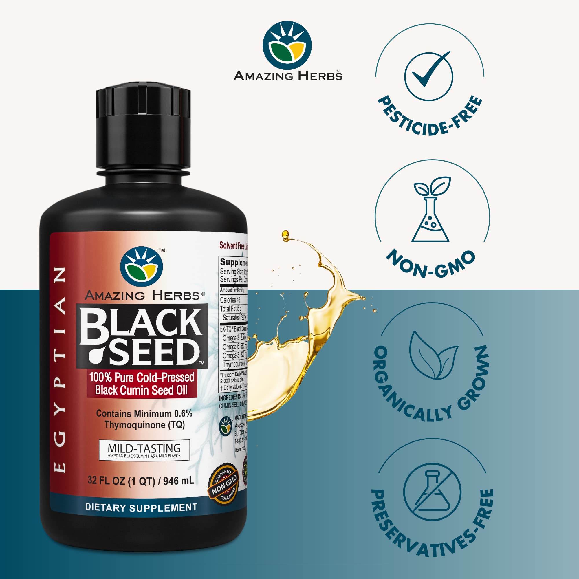 Cold-pressed extraction preserves nutrients in Amazing Herbs Egyptian Black Seed Oil.