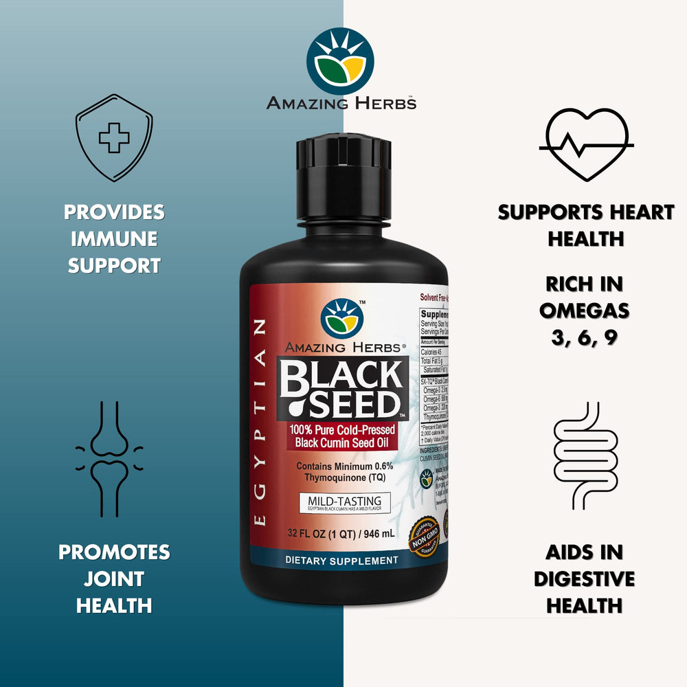Amazing Herbs oil label highlights organic pesticide-free Nigella sativa seeds.