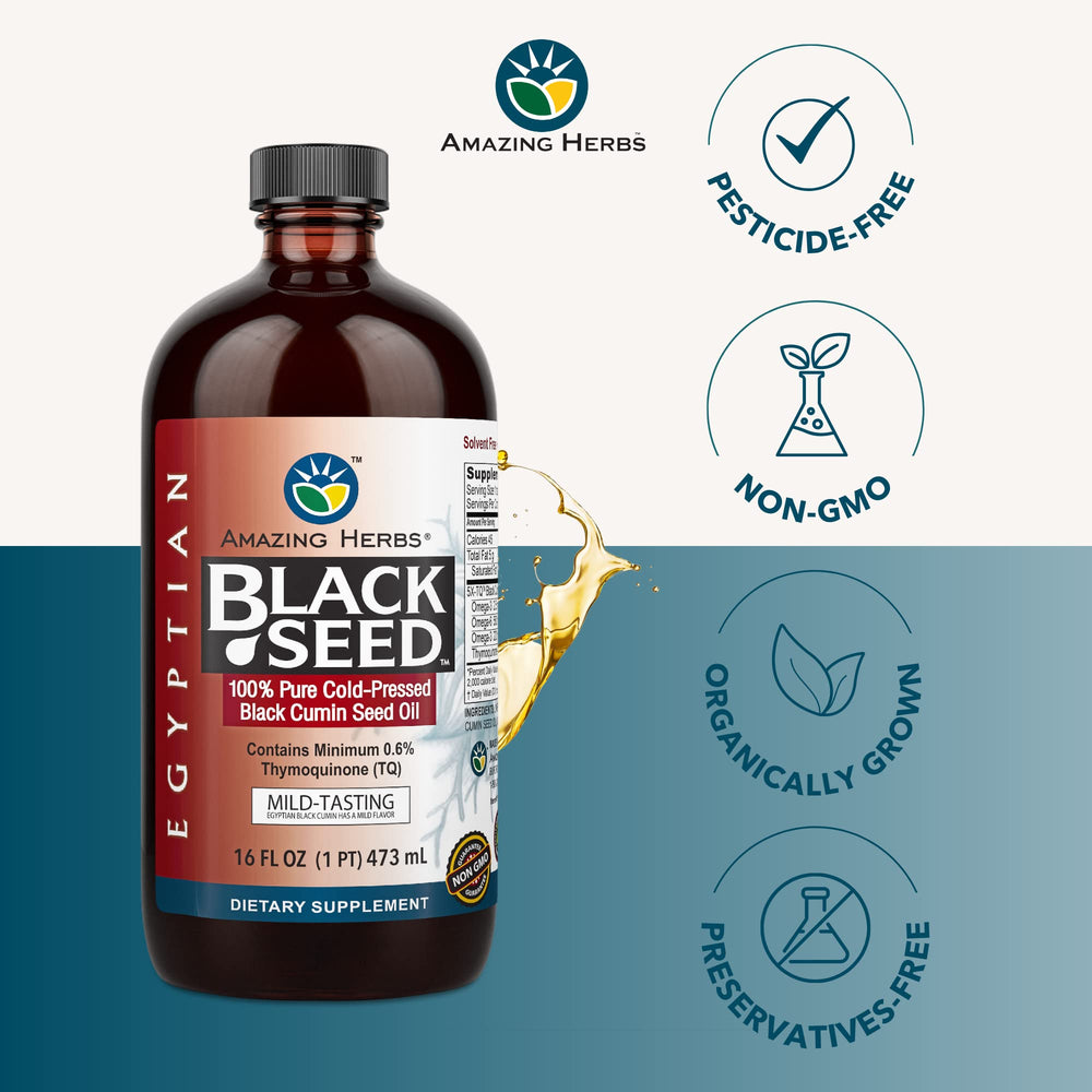 Amazing Herbs Black Seed Oil label highlights organic, gluten-free, non-GMO features.