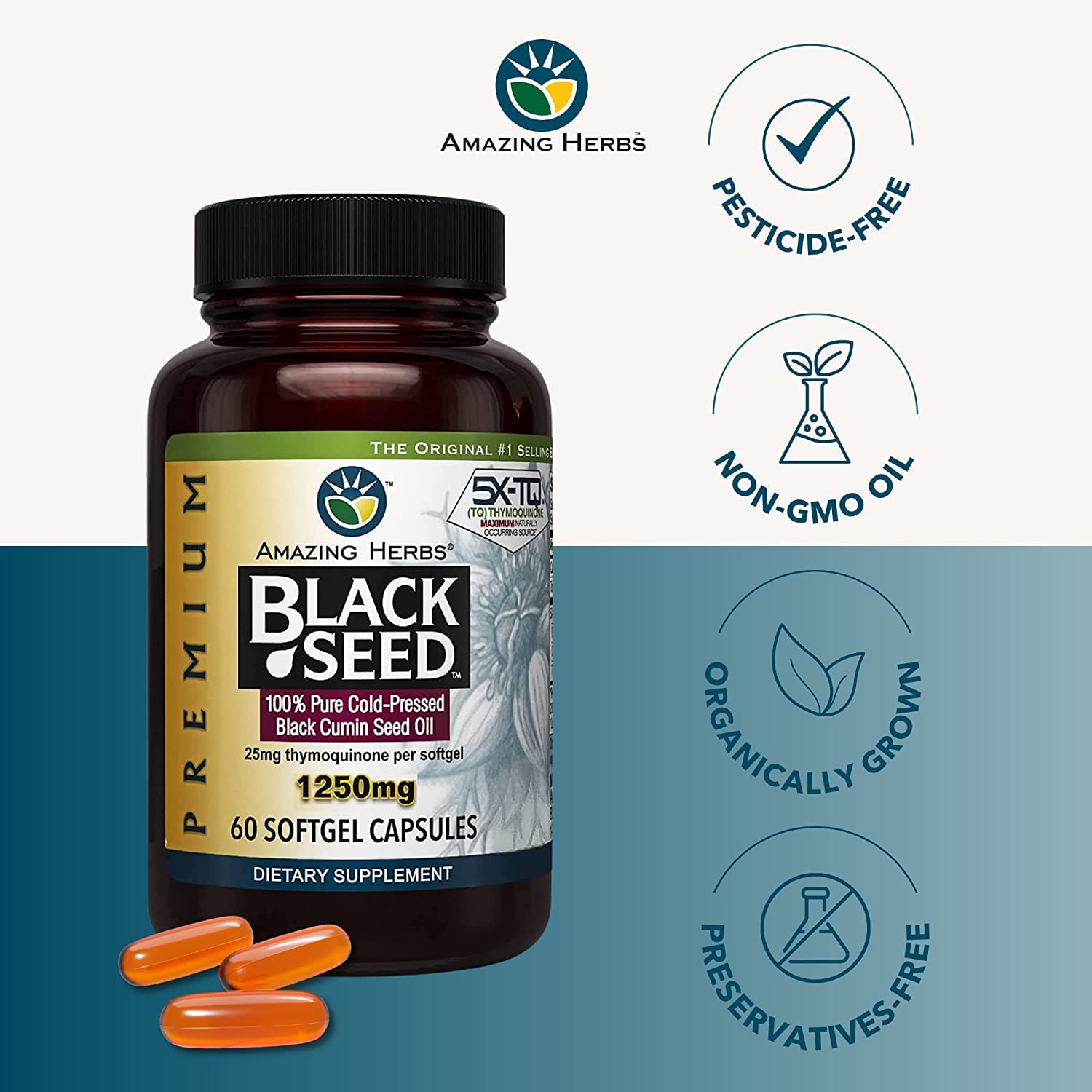 Amazing Herbs Nigella sativa seeds label, organically grown and preservative-free.