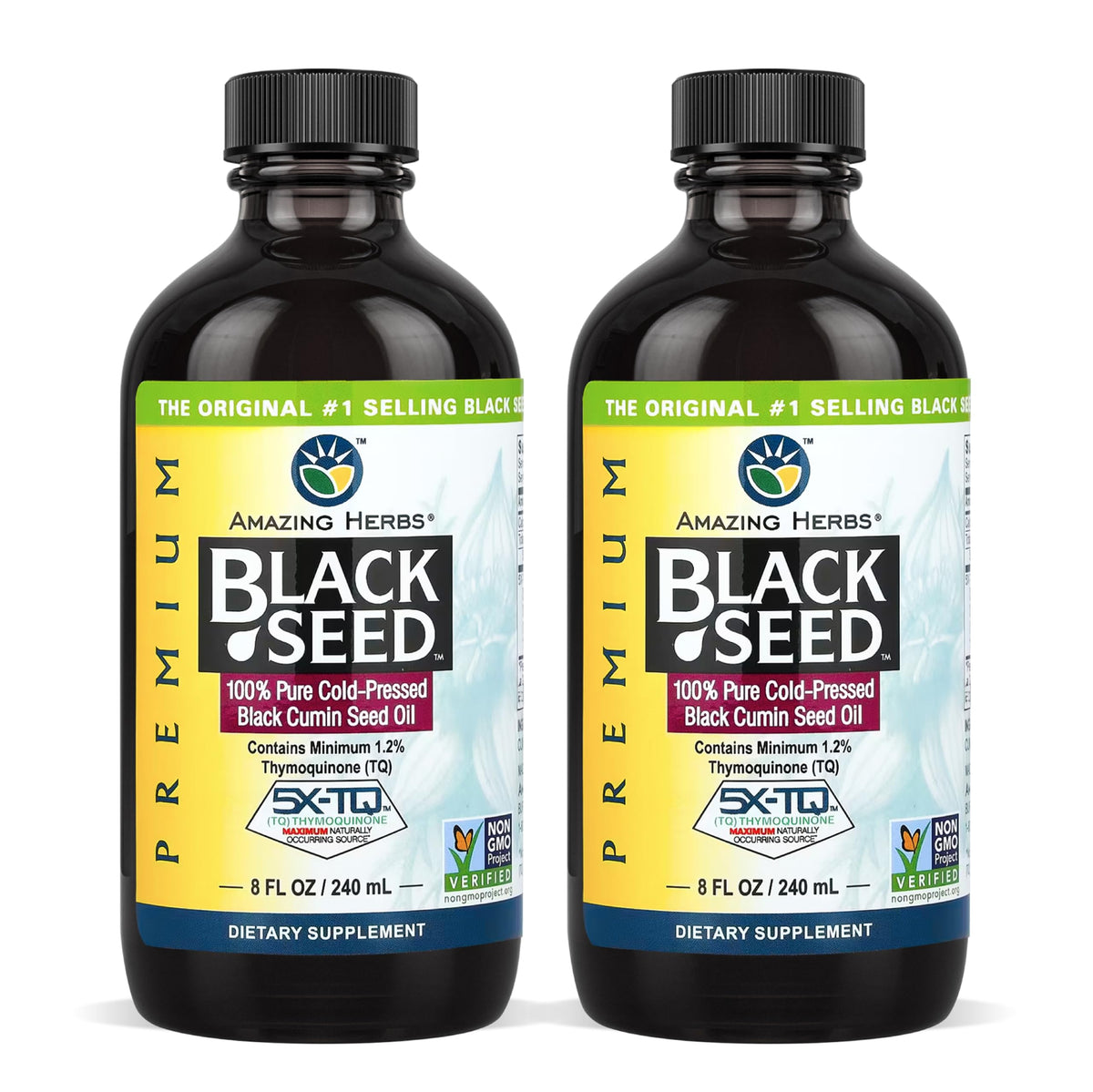 Amazing Herbs Premium Black Seed Oil bottle front showing product presence and versatility