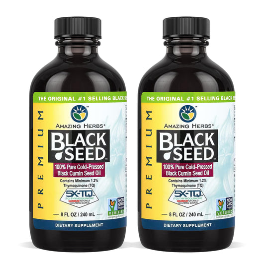 Amazing Herbs Premium Black Seed Oil bottle front showing product presence and versatility