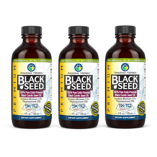 Amazing Herbs Premium Black Seed Oil bottle for daily immune support and digestion.