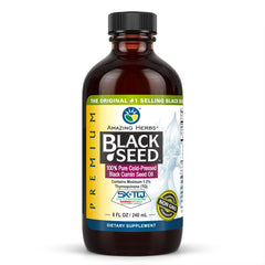 Amazing Herbs Premium Black Seed Oil bottle showing the product in a dark bottle for freshness