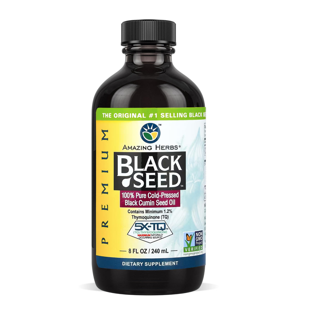 Amazing Herbs Premium Black Seed Oil bottle close-up highlighting immunity potential