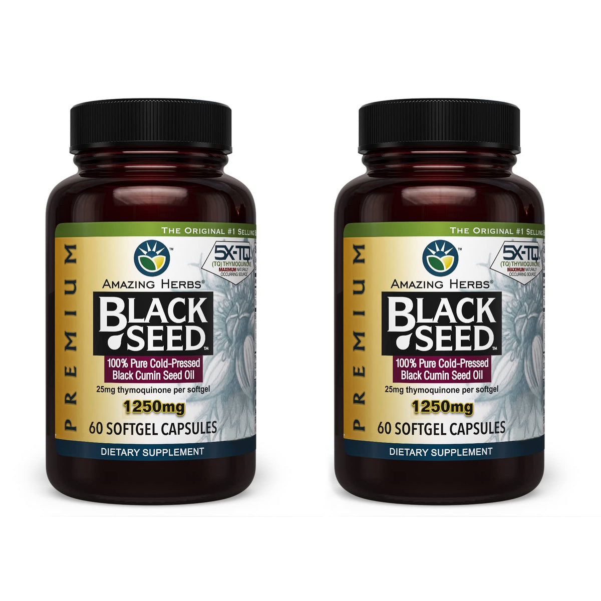 Amazing Herbs Premium Black Seed Oil Capsules bottle front, ideal for daily wellness routines.