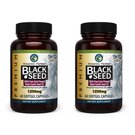 Amazing Herbs Premium Black Seed Oil Capsules bottle front, ideal for daily wellness routines.
