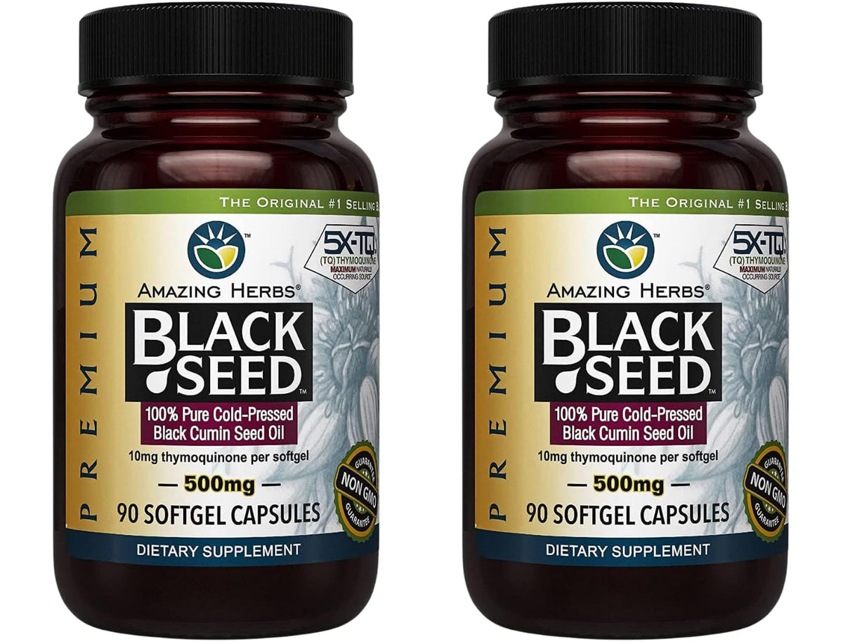 Amazing Herbs Premium Black Seed Oil Capsules bottle; supports daily wellness.