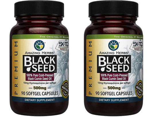 Amazing Herbs Premium Black Seed Oil Capsules bottle; supports daily wellness.