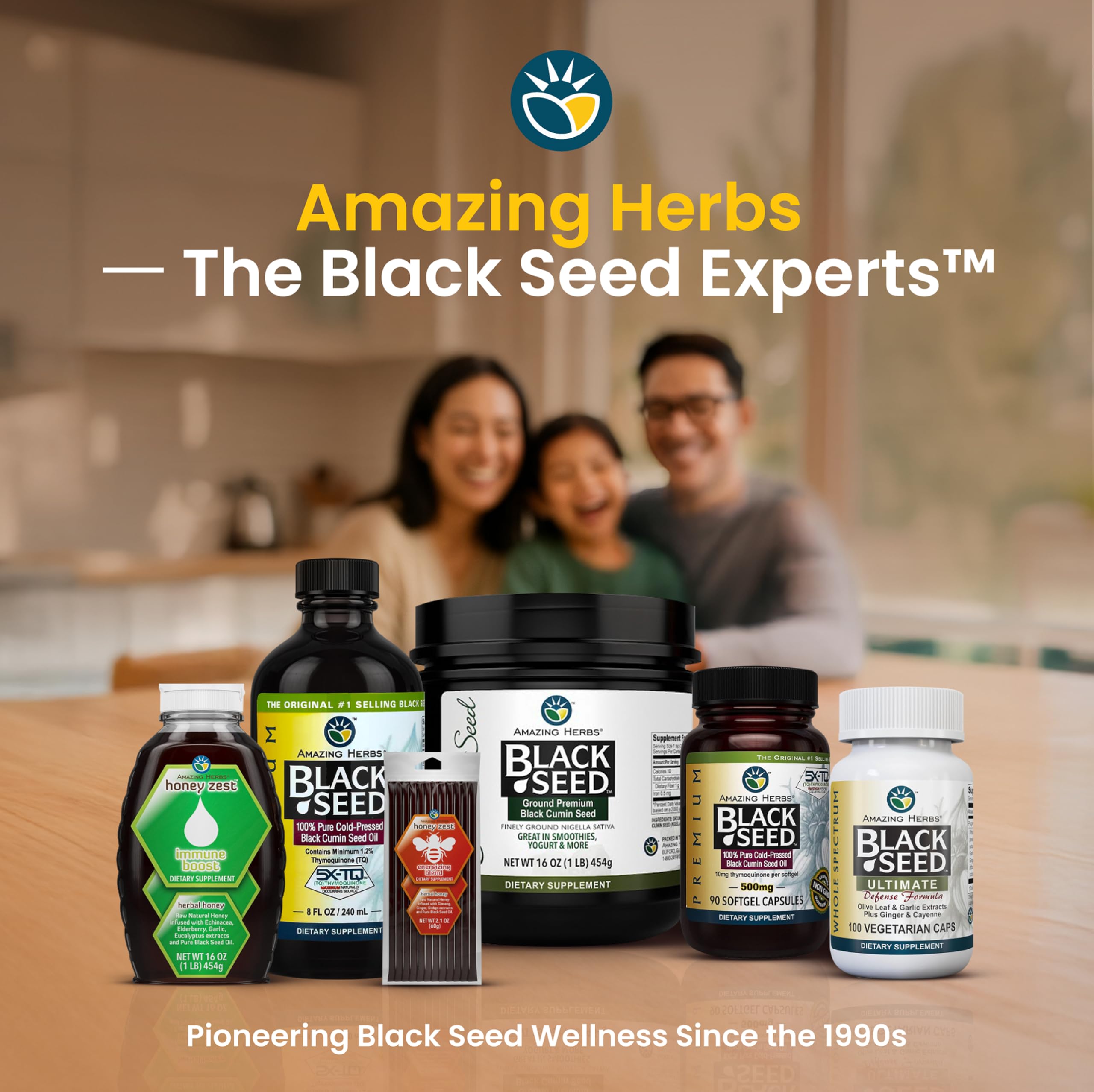Amazing Herbs Premium Black Seed Oil glass containers emphasizing purity.