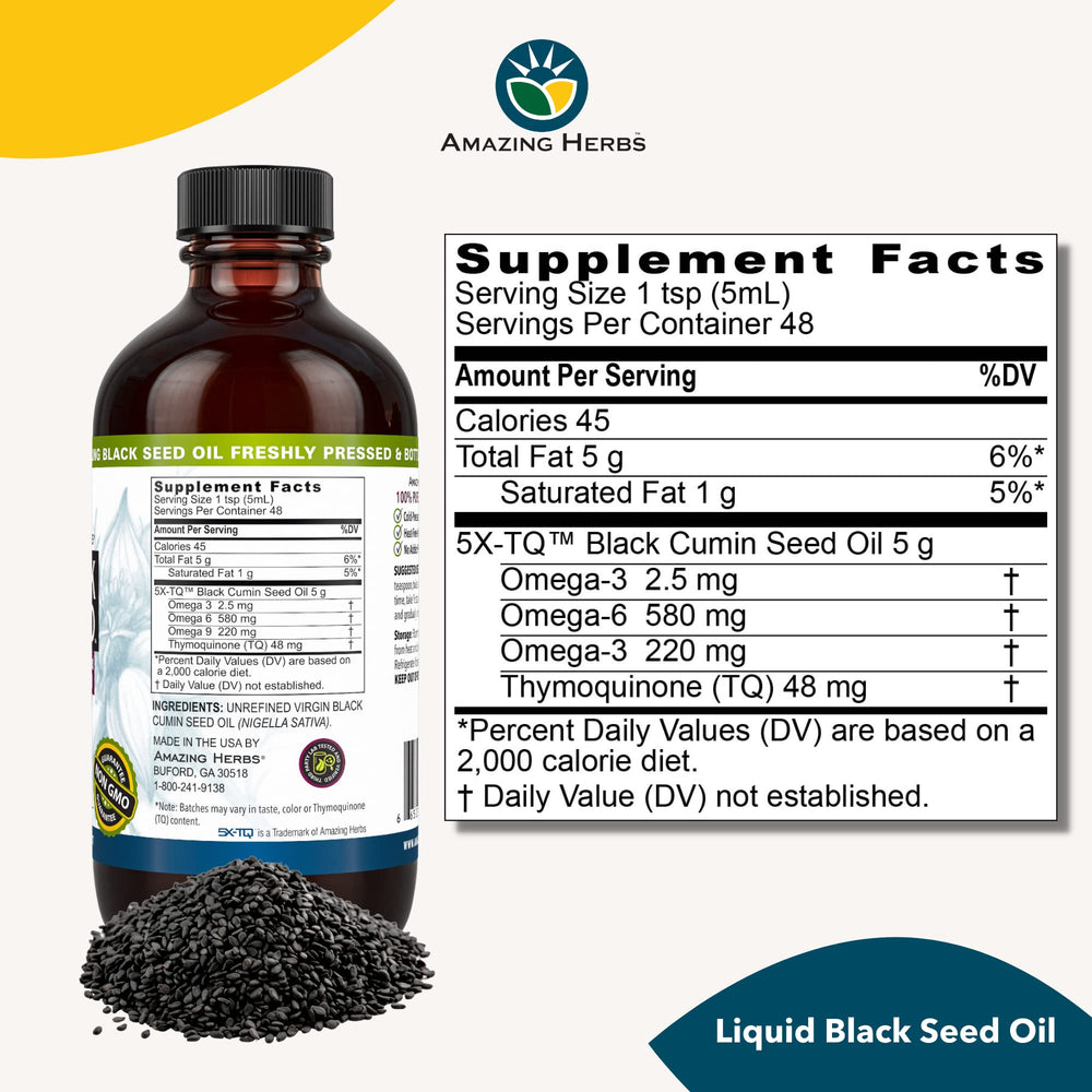 Ingredients panel of Amazing Herbs Black Seed Oil indicating organic and non GMO sourcing