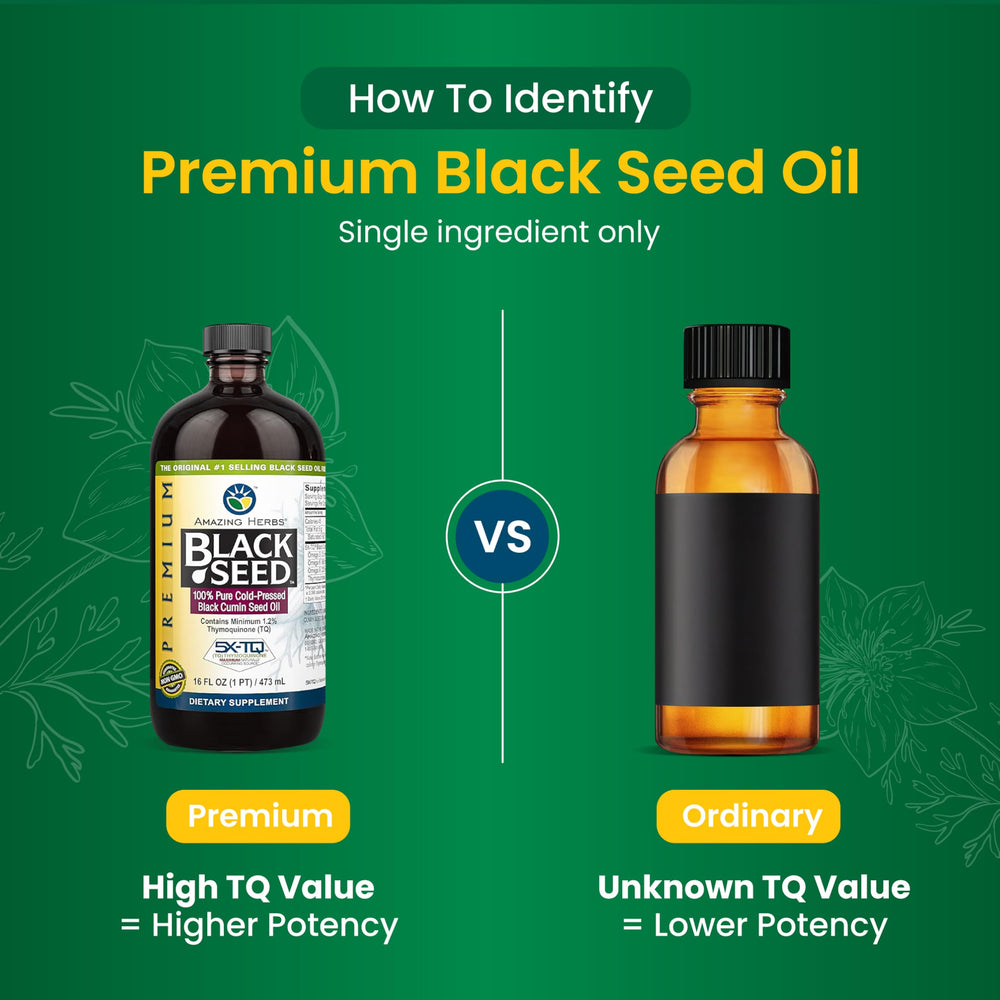 Amazing Herbs Black Seed Oil label showing cold pressed process and packaging.