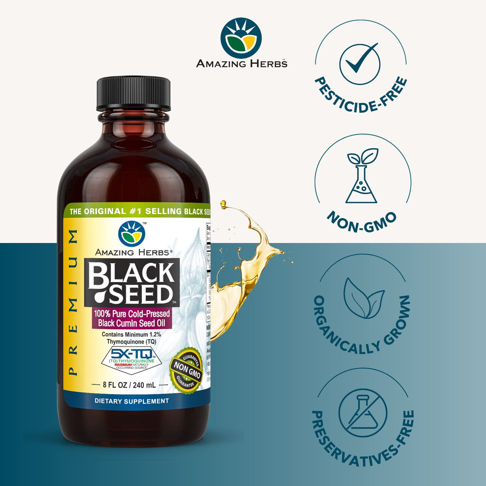 Product label of Amazing Herbs Black Seed Oil highlighting ingredients and certifications