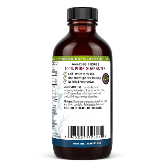 Amazing Herbs Black Seed Oil pour highlighting versatile use in wellness routines.