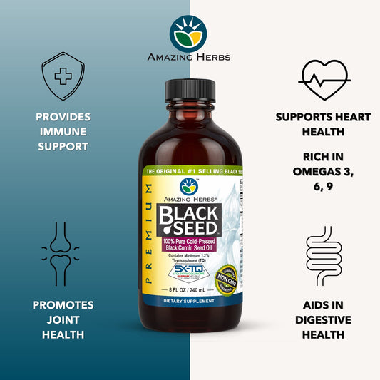 Pouring Amazing Herbs Black Seed Oil demonstrates easy dosing for daily use