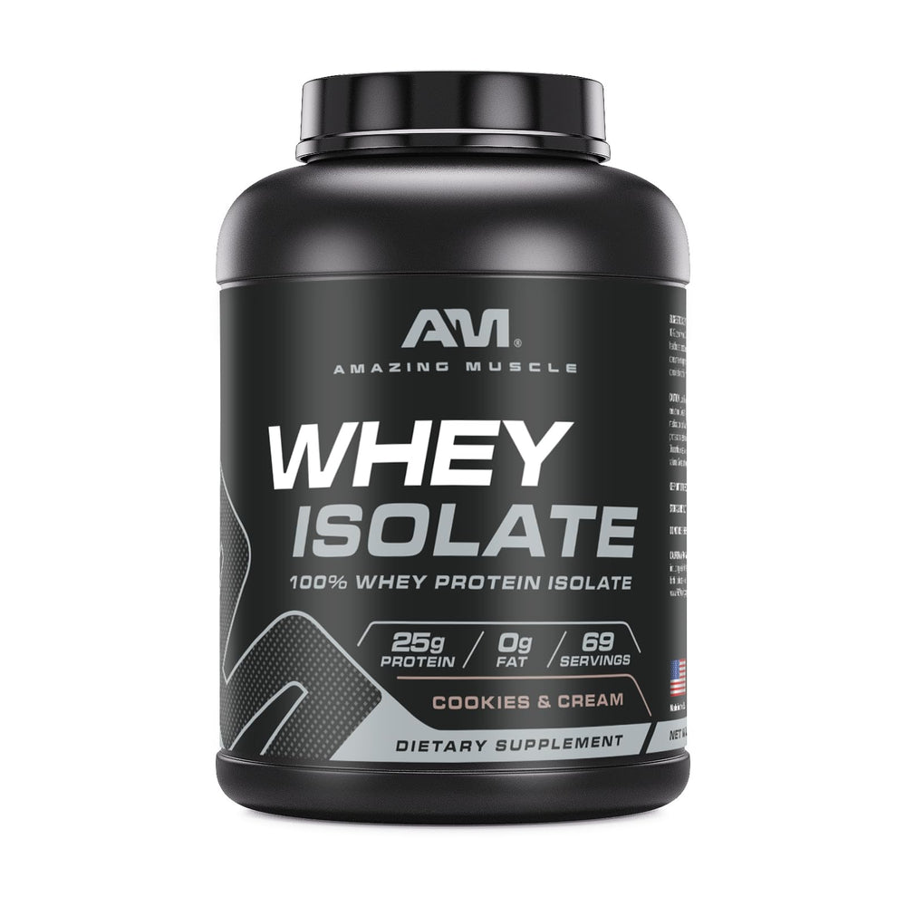 Amazing Muscle Whey Protein Isolate 5lb jar highlights purity and potency for athletes.
