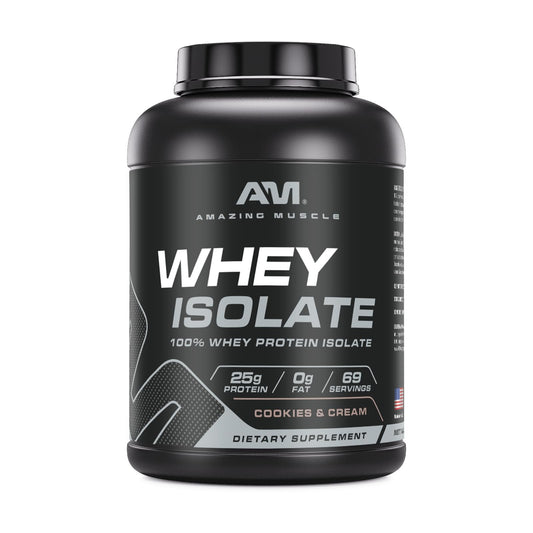 Amazing Muscle Whey Protein Isolate 5lb jar highlights purity and potency for athletes.