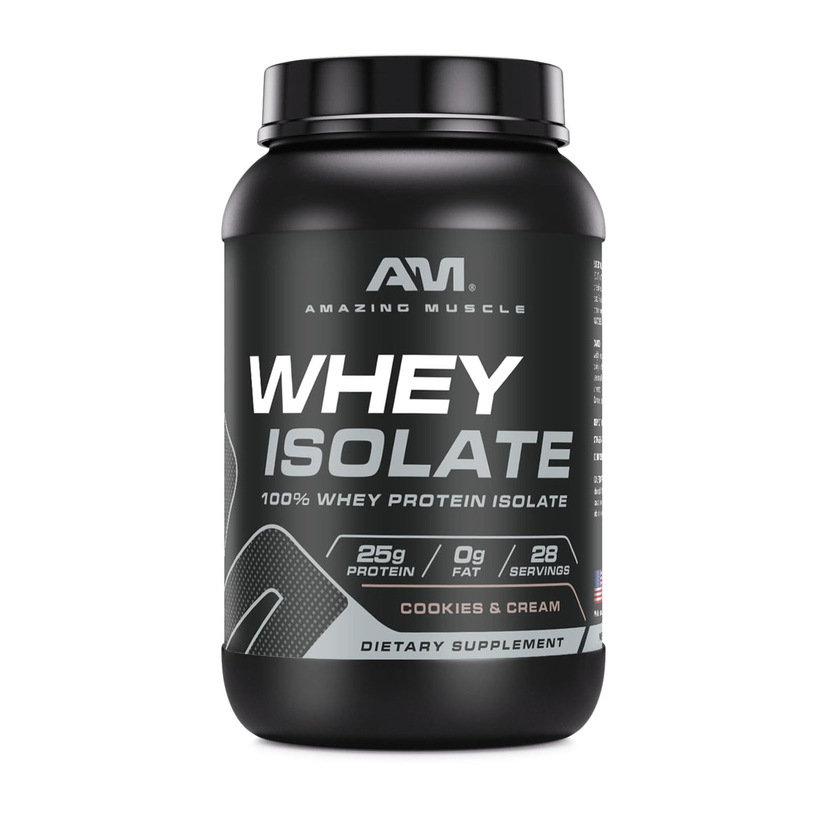 Amazing Muscle whey protein isolate bottle with cookies and cream flavor for clean muscle support