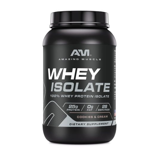 Amazing Muscle whey protein isolate bottle with cookies and cream flavor for clean muscle support