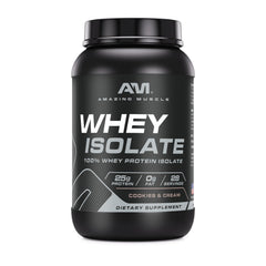 Amazing Muscle whey protein isolate bottle with cookies and cream flavor for clean muscle support