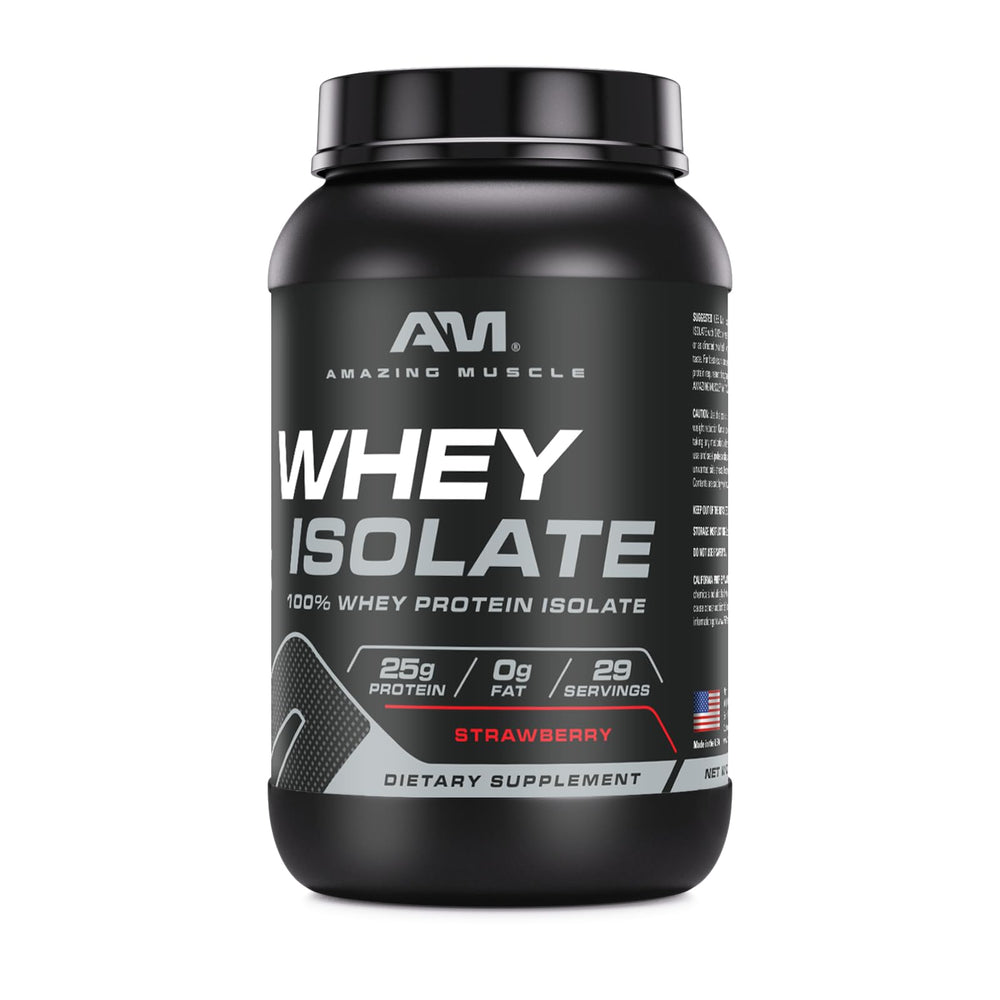 Amazing Muscle Whey Protein Isolate label showing guaranteed purity and potency.