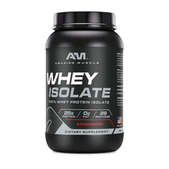 Amazing Muscle Whey Protein Isolate label showing guaranteed purity and potency.