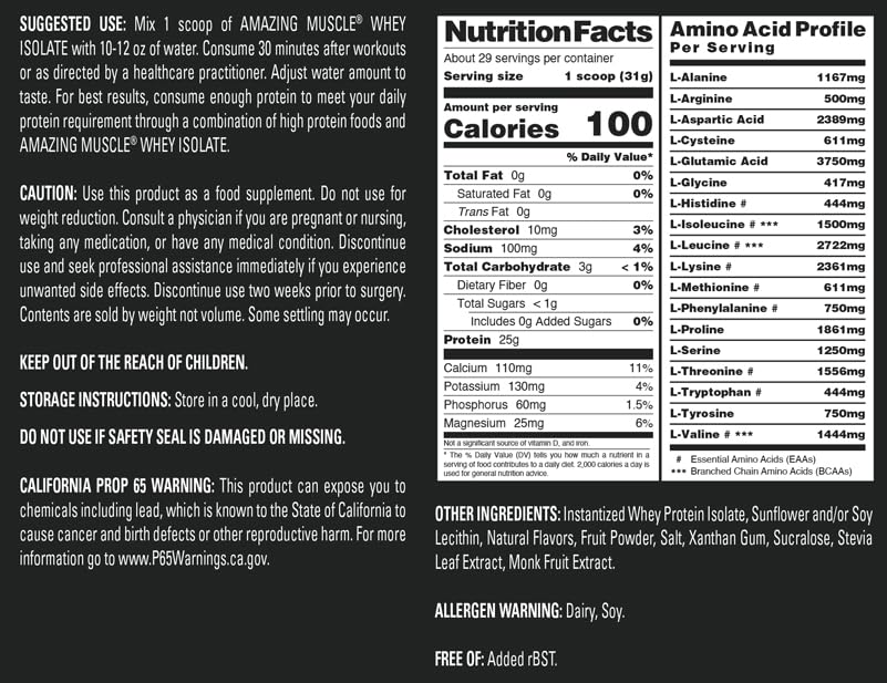 Amazing Muscle Whey Protein Isolate packaging highlighting USA-made quality.