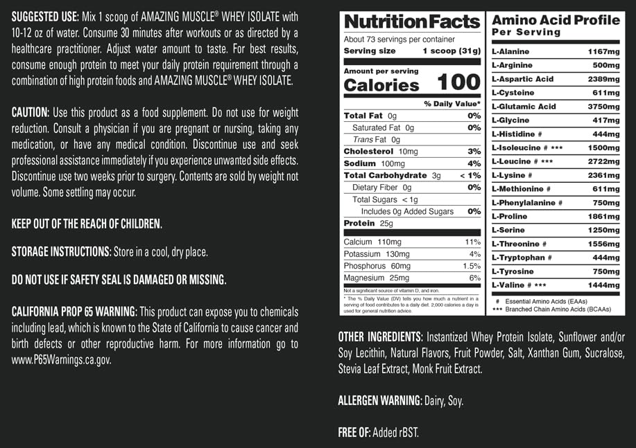 Amazing Muscle Strawberry flavor label highlighting 25g protein per serving.