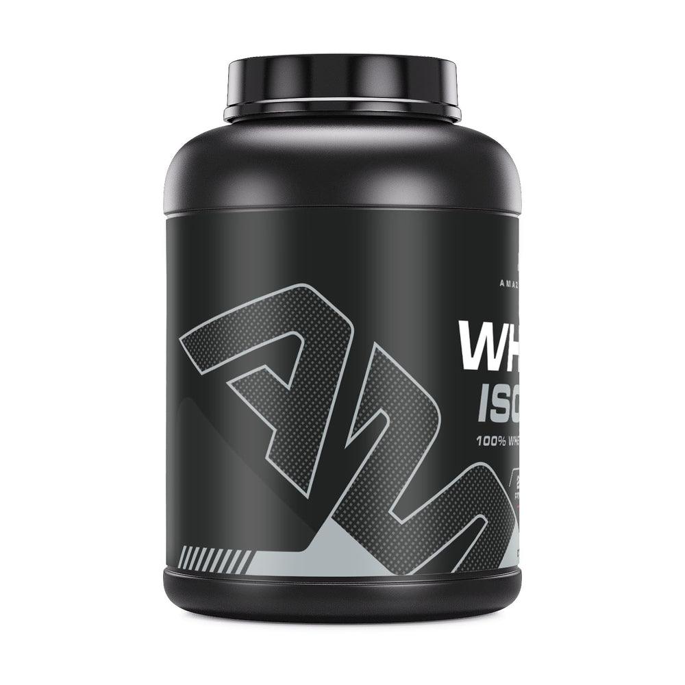Amazing Muscle Whey Isolate tub with clear labeling and purity.