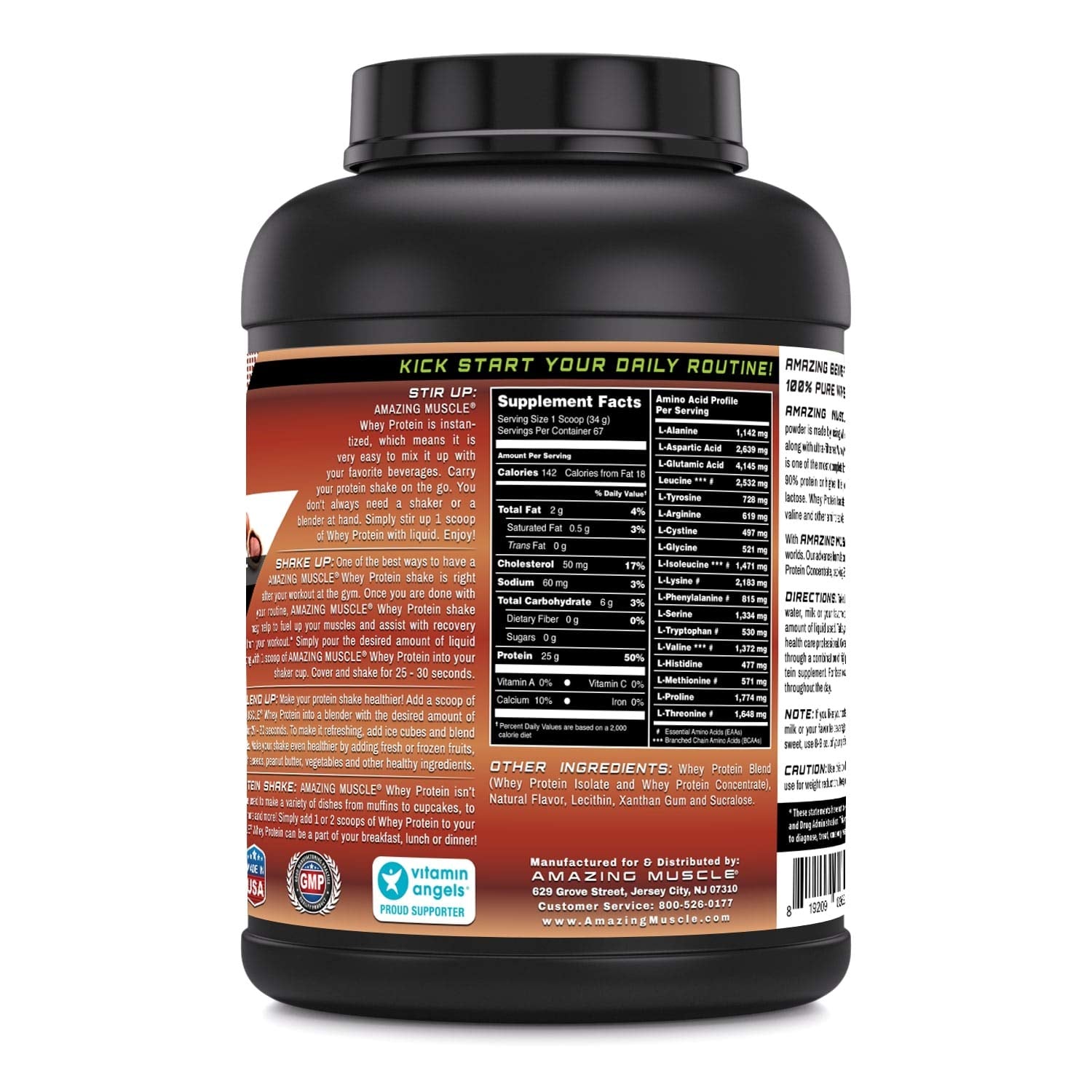 Amazing Muscle whey protein jar close-up, premium isolate and concentrate blend for balanced nutrition.