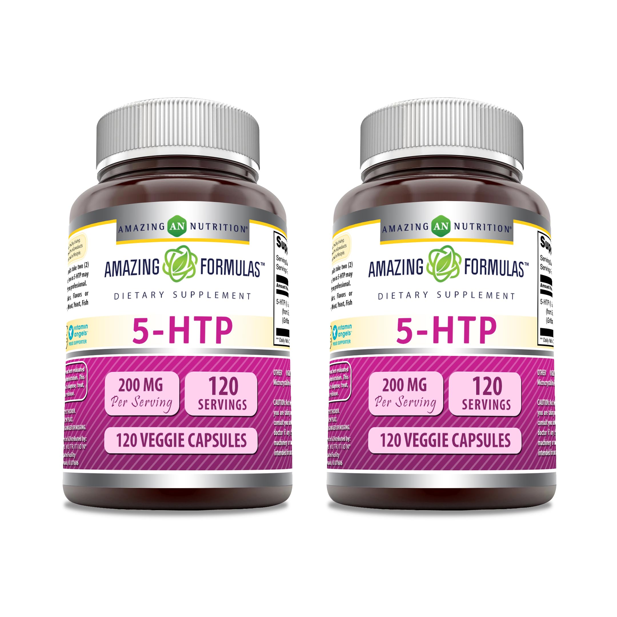 Amazing Nutrition Amazing Formulas 5-HTP bottle shows 200 mg per serving for daily wellness