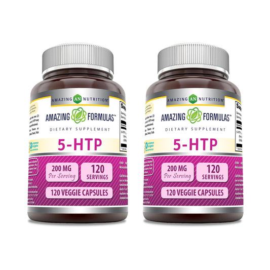 Amazing Nutrition Amazing Formulas 5-HTP bottle shows 200 mg per serving for daily wellness