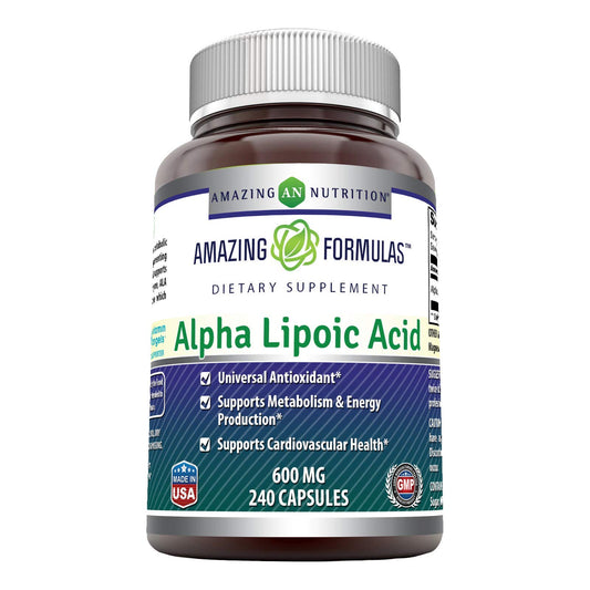 Amazing Nutrition Alpha Lipoic Acid bottle with 600 mg capsules for daily antioxidant support