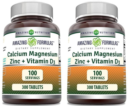 Amazing Formulas calcium magnesium zinc bottle front with vitamin D3 for daily mineral support.