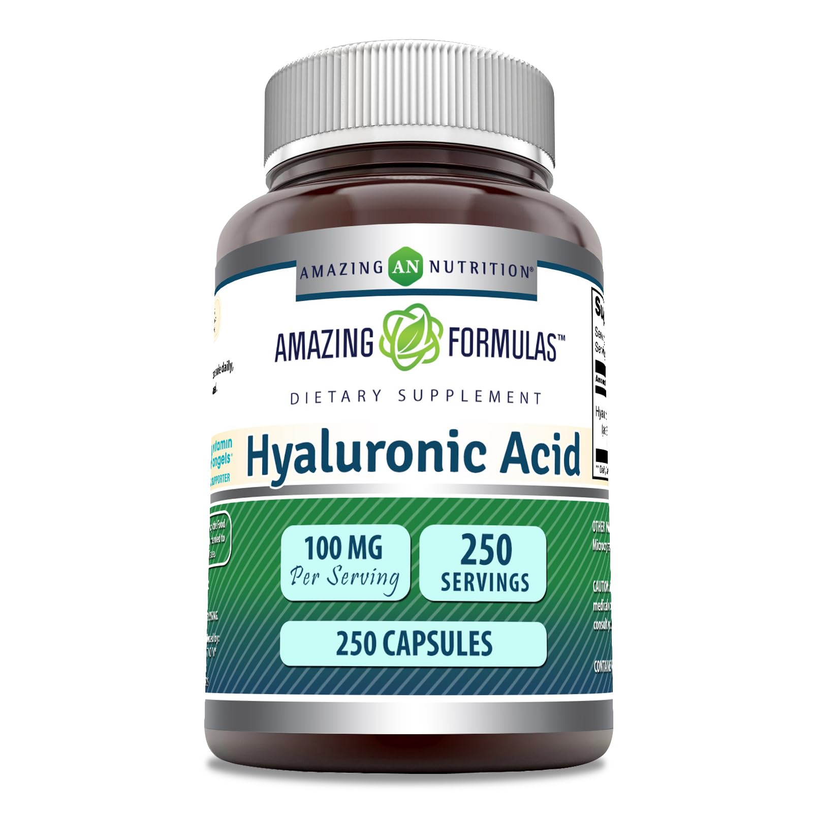 Amazing Nutrition Amazing Formulas Hyaluronic Acid 100mg bottle front supports hydration-friendly use