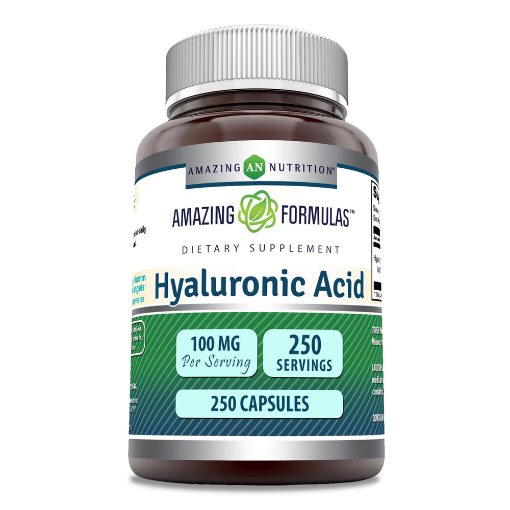Amazing Nutrition Amazing Formulas Hyaluronic Acid 100mg bottle front supports hydration-friendly use