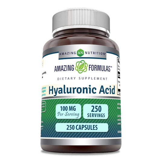 Amazing Nutrition Amazing Formulas Hyaluronic Acid 100mg bottle front supports hydration-friendly use