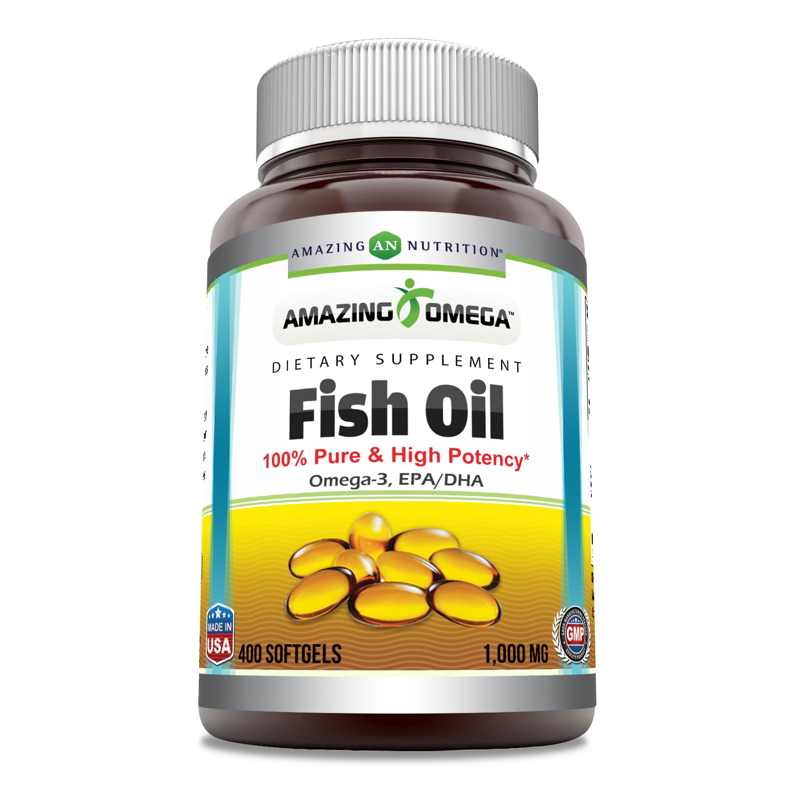 Amazing Nutrition Amazing Omega bottle label highlights USA-made purity and potency