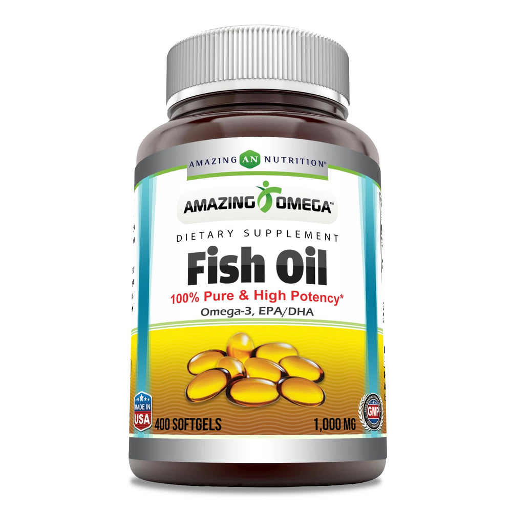 Amazing Nutrition Amazing Omega bottle label highlights USA-made purity and potency