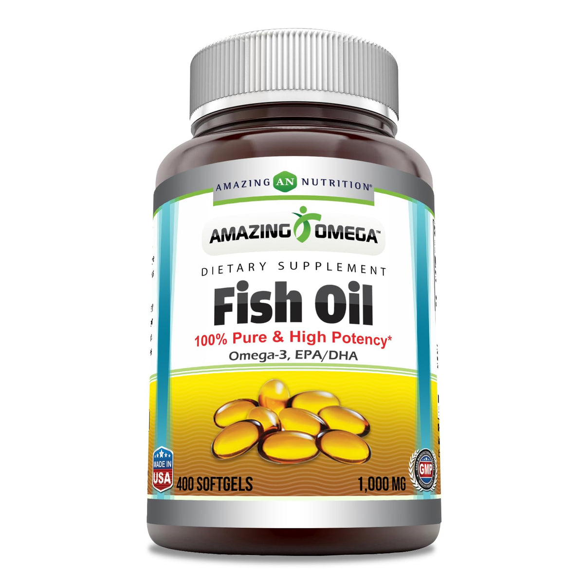 Amazing Nutrition Amazing Omega bottle label highlights USA-made purity and potency