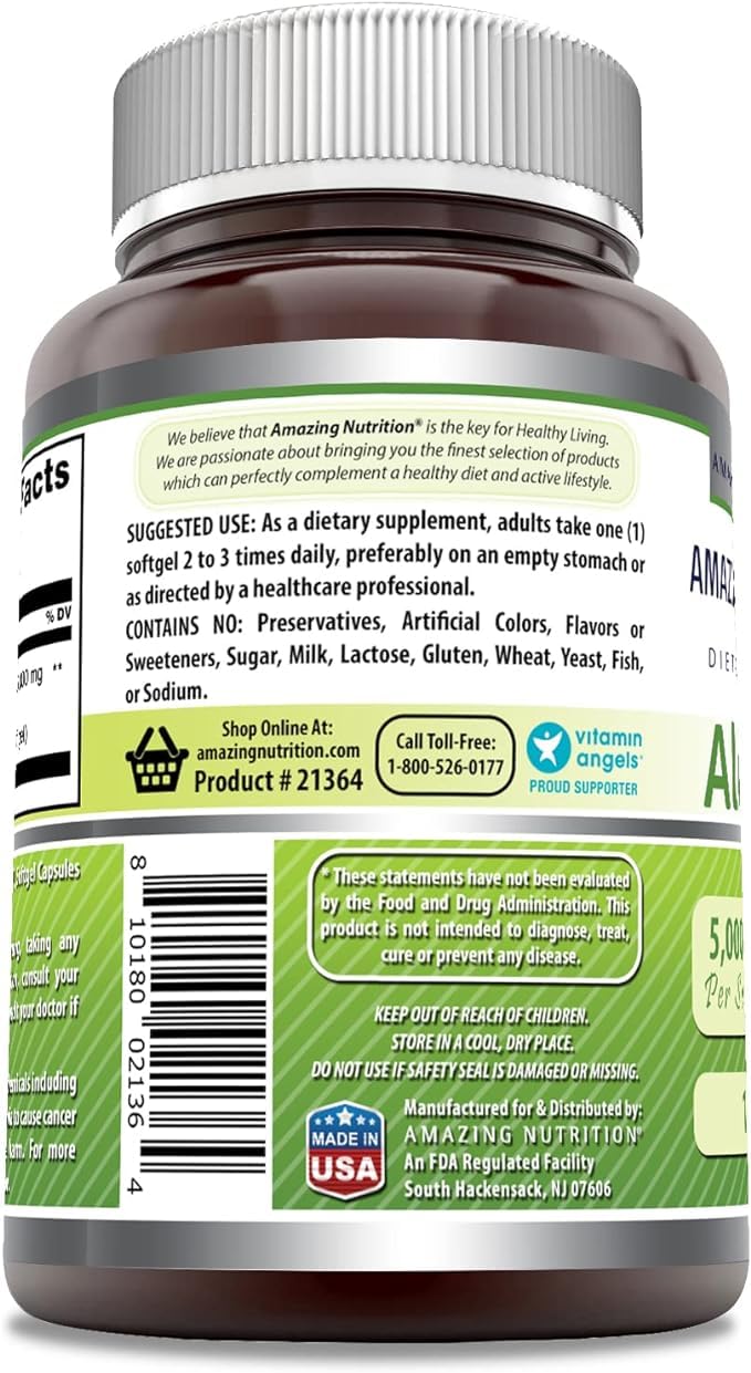 Amazing Formulas Aloe Vera softgels ingredients label highlighting non-GMO and gluten-free.
