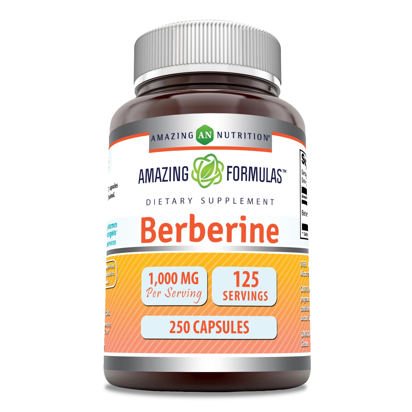 Amazing Nutrition Berberine 1000mg bottle shows two-capsule serving for daily wellness.