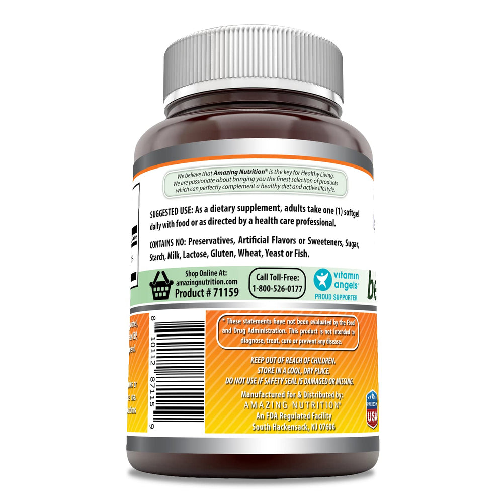 Amazing Nutrition Beta Carotene label demonstrates non-GMO gluten-free purity and USA manufacturing.
