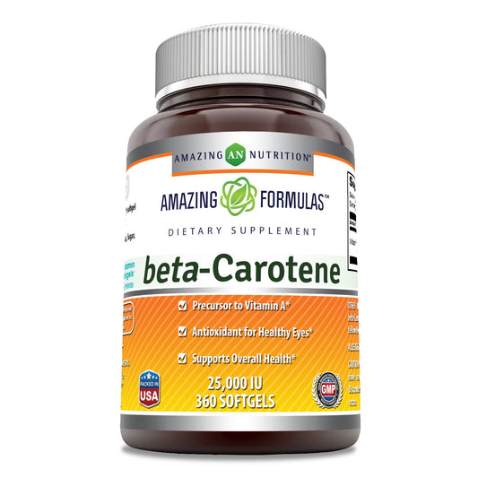 Amazing Nutrition Beta Carotene softgel bottle showing 25,000 IU potency for daily wellness.