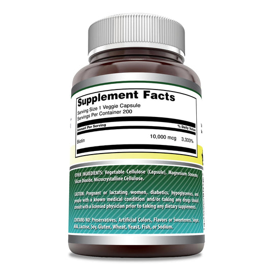 Amazing Nutrition Biotin 10000 mcg veggie capsules bottle back showing serving size.