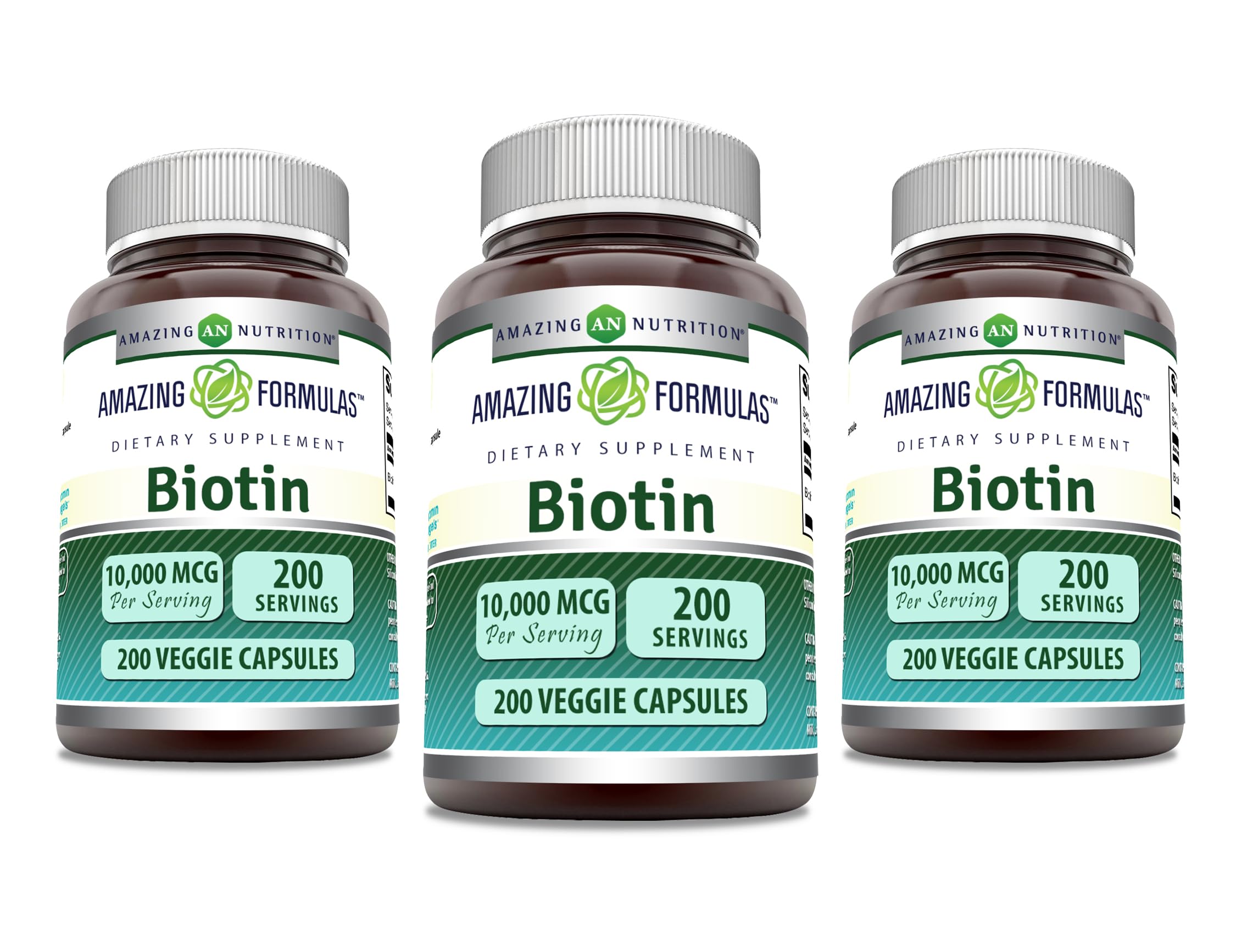 Amazing Nutrition Biotin 10000 mcg veggie capsules bottle front for daily dietary supplement.