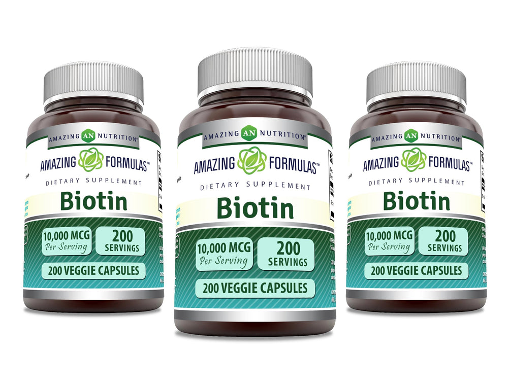 Amazing Nutrition Biotin 10000 mcg veggie capsules bottle front for daily dietary supplement.