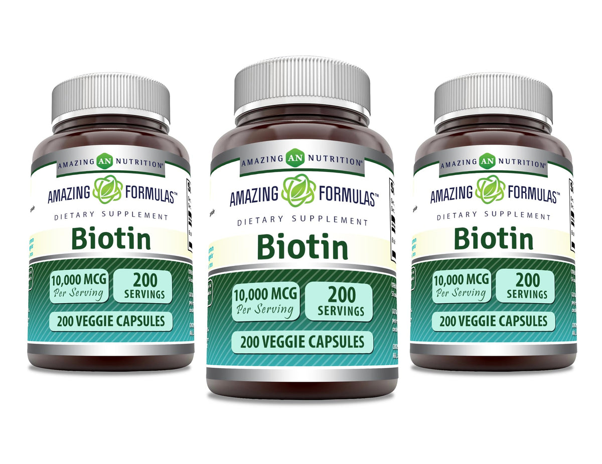 Amazing Nutrition Biotin 10000 mcg veggie capsules bottle front for daily dietary supplement.