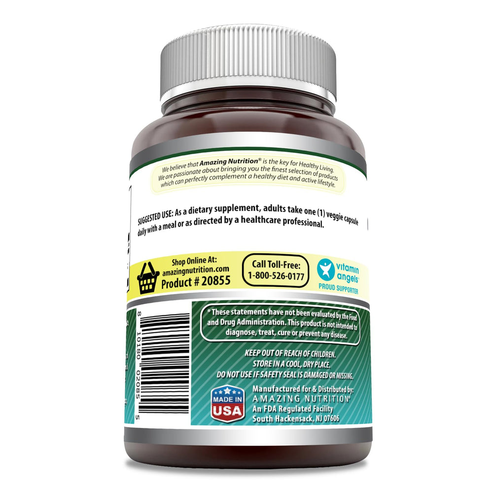 Amazing Nutrition Biotin 10000 mcg veggie capsules ingredient panel highlights non-GMO and gluten-free.
