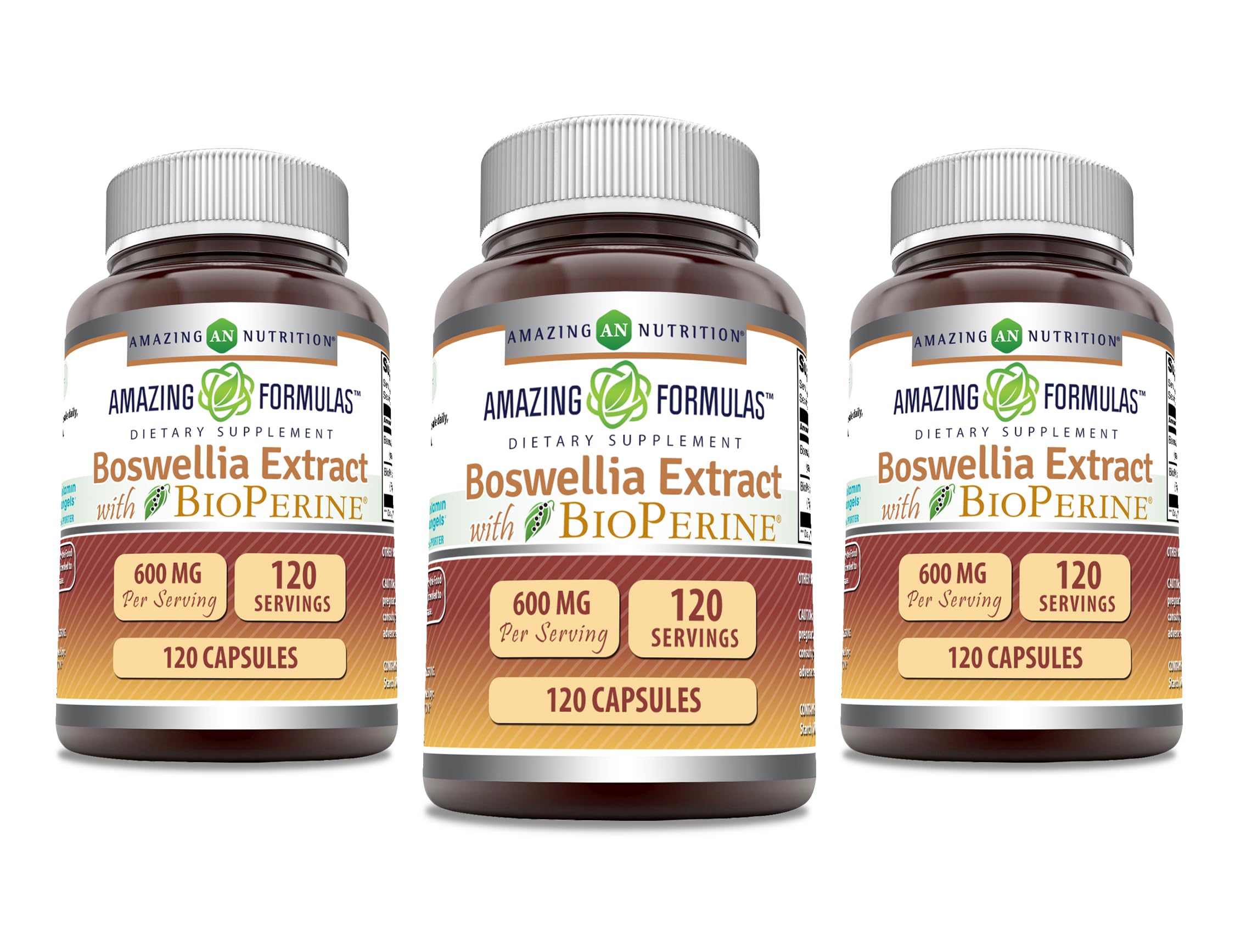 Amazing Nutrition Boswellia extract bottle with Bioperine, 600 mg per capsule for daily wellness routine.